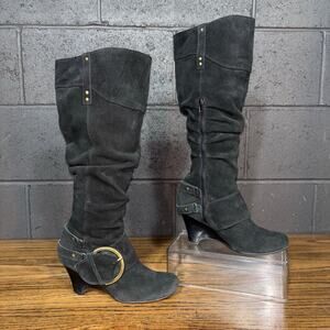 Naughty Monkey Women’s Black Suede Knee High Pull On Buckle Boots Size 6.5